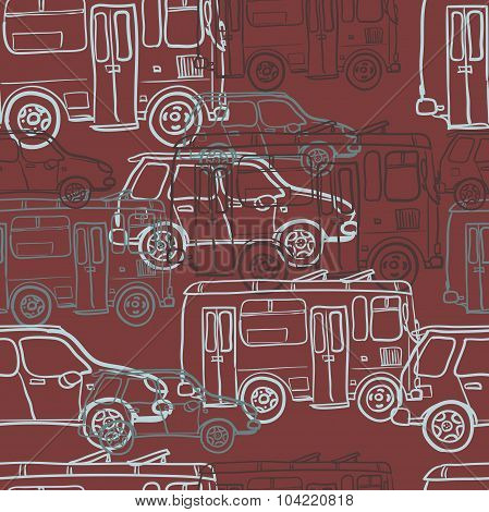 Textile Seamless Pattern Of Colored Cars And Buses
