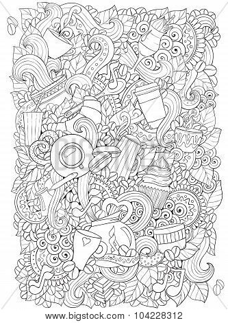Coffee and tea doodle background in vector with paisley.