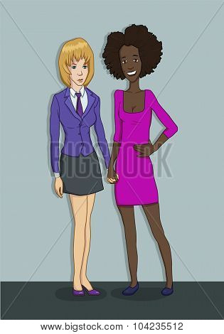 a young lesbian couple in an office-dress - relationships at work - the couple of the same sex