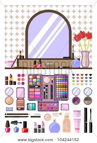 Set woman cosmetics, flat, ladies table, make-up. Beauty store