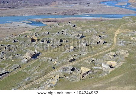 Top view on the ruins of old city Uplistsikhe near Aragvi river valley. Caucasus region, Georgia.