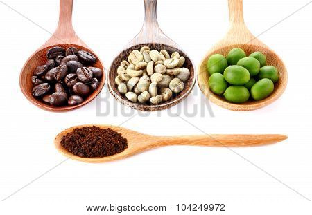 Fresh Coffee,roasted Coffee,ground Coffee,wooden Spoon On White Background.