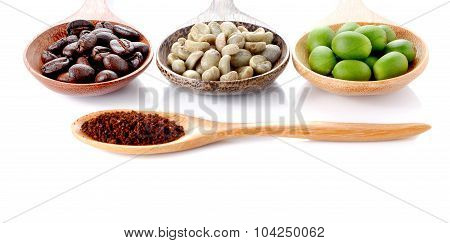Fresh Coffee,roasted Coffee,ground Coffee,wooden Spoon On White Background.