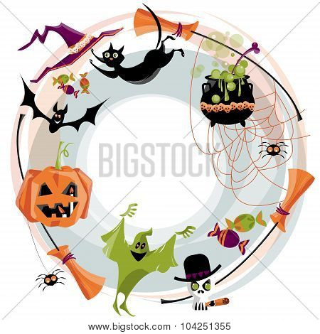Tradional Halloween Wreath. Halloween Elements. Broom, Cauldron, Cat, Hat, Bat, Candy, Ghost, Spider