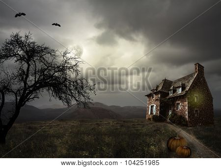 Halloween Background With Old House