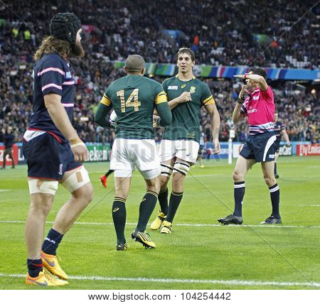 LONDON, ENGLAND - OCTOBER 07 2015: The 2015 Rugby World Cup Pool B match between South Africa and USA at The Olympic Stadium on October 7, 2015 in London, United Kingdom 