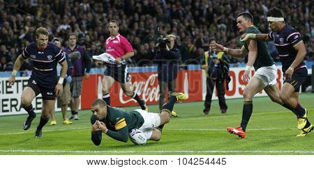 LONDON, ENGLAND - OCTOBER 07 2015: The 2015 Rugby World Cup Pool B match between South Africa and USA at The Olympic Stadium on October 7, 2015 in London, United Kingdom 