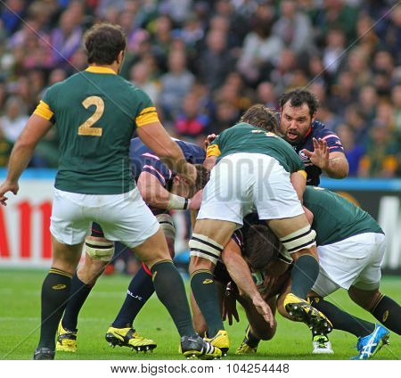 LONDON, ENGLAND - OCTOBER 07 2015: The 2015 Rugby World Cup Pool B match between South Africa and USA at The Olympic Stadium on October 7, 2015 in London, United Kingdom 