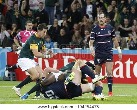 LONDON, ENGLAND - OCTOBER 07 2015: The 2015 Rugby World Cup Pool B match between South Africa and USA at The Olympic Stadium on October 7, 2015 in London, United Kingdom 