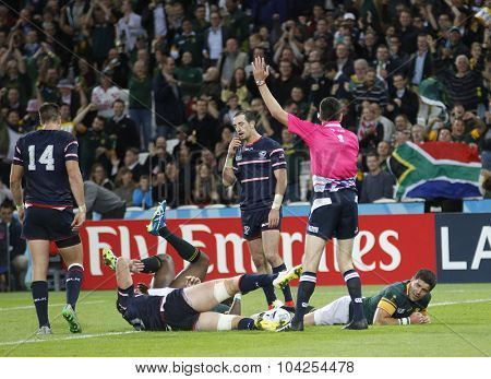 LONDON, ENGLAND - OCTOBER 07 2015: The 2015 Rugby World Cup Pool B match between South Africa and USA at The Olympic Stadium on October 7, 2015 in London, United Kingdom 