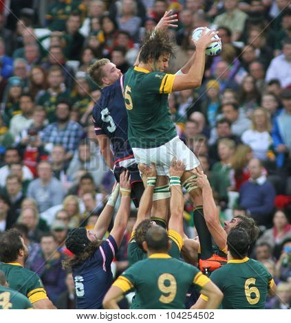 LONDON, ENGLAND - OCTOBER 07 2015: The 2015 Rugby World Cup Pool B match between South Africa and USA at The Olympic Stadium on October 7, 2015 in London, United Kingdom 