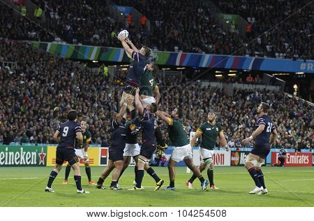 LONDON, ENGLAND - OCTOBER 07 2015: The 2015 Rugby World Cup Pool B match between South Africa and USA at The Olympic Stadium on October 7, 2015 in London, United Kingdom 