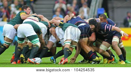 LONDON, ENGLAND - OCTOBER 07 2015: The 2015 Rugby World Cup Pool B match between South Africa and USA at The Olympic Stadium on October 7, 2015 in London, United Kingdom 