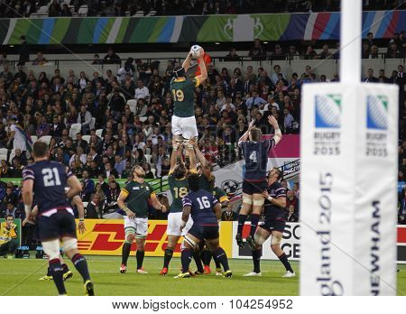 LONDON, ENGLAND - OCTOBER 07 2015: The 2015 Rugby World Cup Pool B match between South Africa and USA at The Olympic Stadium on October 7, 2015 in London, United Kingdom 