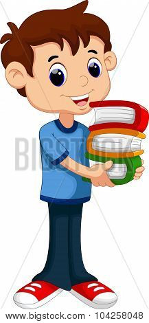 Cartoon boy bring pile of books