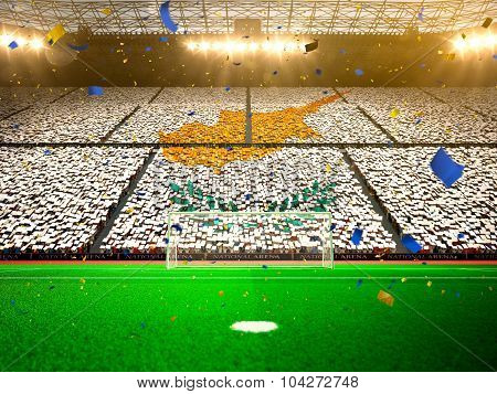 Flag Cyprus of fans. Evening stadium arena Yellow
