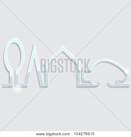 Glass Icon With House, Tree And Car-stock Vector