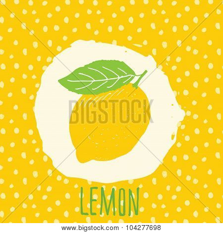 Lemon Hand Drawn Sketched Fruit With Leaf On Yellow Background With Dots Pattern. Doodle Vector Lemo