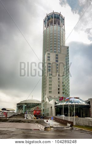 MOSCOW, RUSSIA - APRIL 4, 2015: Swissotel building and Moscow International Music Hall in downtown Moscow bolster modern architecture