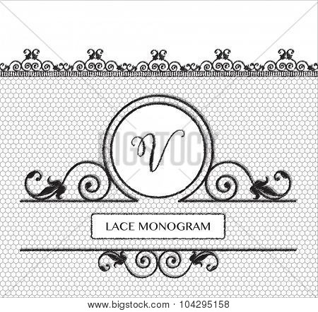 Letter V black lace monogram, stitched on seamless tulle background with antique style floral border. EPS10 vector format.