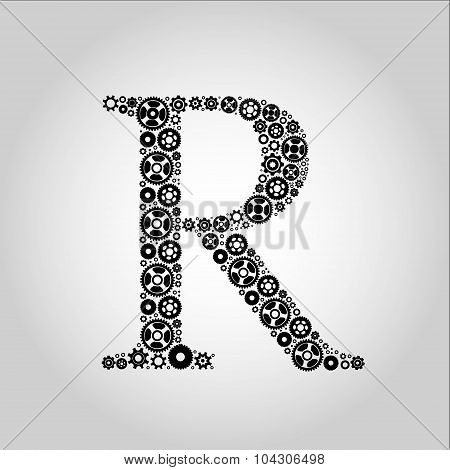 Gear Silhouette Alphabet R .Flat design vector illustration .