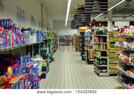 BORDEAUX, FRANCE - AUGUST 13, 2015: Simply Market interior. Simply Market is a brand of French supermarkets formed in 2005. This brand is a new concept to eventually replace Atac supermarkets