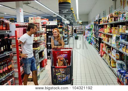 BORDEAUX, FRANCE - AUGUST 13, 2015: Simply Market customers. Simply Market is a brand of French supermarkets formed in 2005. This brand is a new concept to eventually replace Atac supermarkets