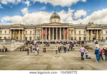 London - May 28: Tourists In Trafalgar Square Outside The National Gallery May 28 2015 In London. Fo