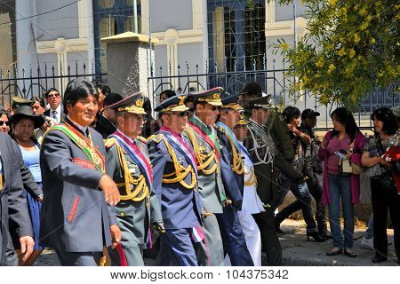 La Paz Bolivia - 23 March 2013: Bolivian President Evo Morales marches in a parade for dia del mar in La Paz capitol Bolivia, an annual holiday celebrated on the day Bolivia lost the Litoral province.
