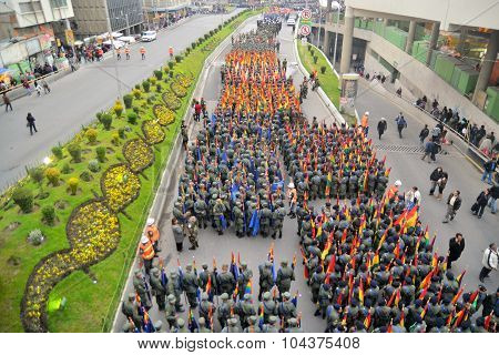 La Paz, Bolivia - 22 March 2013: Rows of soldiers march in a military parade for dia del mar in La Paz capitol Bolivia. Die del Mar is celebrated annually on the day Bolivia lost the Litoral province to Chile and therefore sea access.