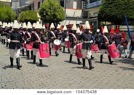 La Paz, Bolivia - 23 March 2013: Musicians march in military parade for dia del mar in La Paz capitol Bolivia. Die del Mar is celebrated annually on the day Bolivia lost the Litoral province to Chile and therefore sea access in the war of the pacific.