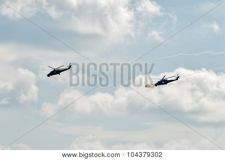 Attack of MI-24 helicopters by machine guns