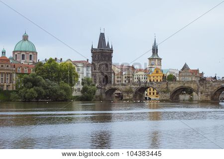 View to the Charles Bridge, Vltava river, Prague