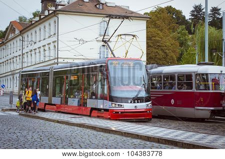 High-tech trams Skoda in Prague