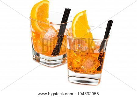 Two Glasses Of Spritz Aperitif Aperol Cocktail With Orange Slices And Ice Cubes