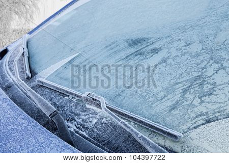Frozen Front Windshield Of Car