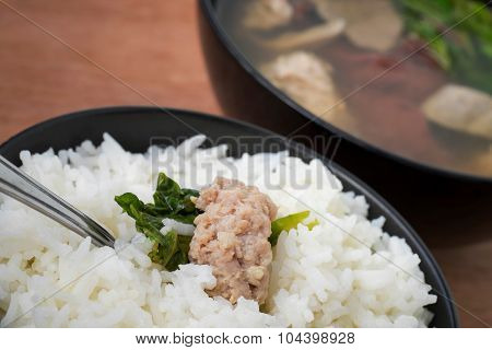 Pork soup made from pork bone with Ma-Li rice.break fast or diner Thai food