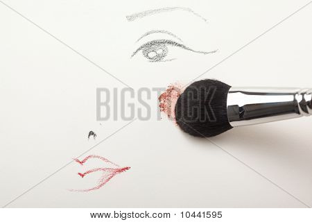 A Make-up Sketch, With A Blush Brush Applying Blush To The Cheek