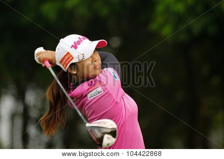 KUALA LUMPUR, MALAYSIA - OCTOBER 10, 2015: Thailand's Pornanong Phatlum tees off at the sixth hole of the KL Golf & Country Club on Round 3 day at the 2015 Sime Darby LPGA Malaysia golf tournament.