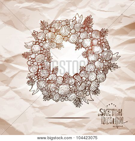 Hand Drawn Xmas Wreath Illustration At Old Paper