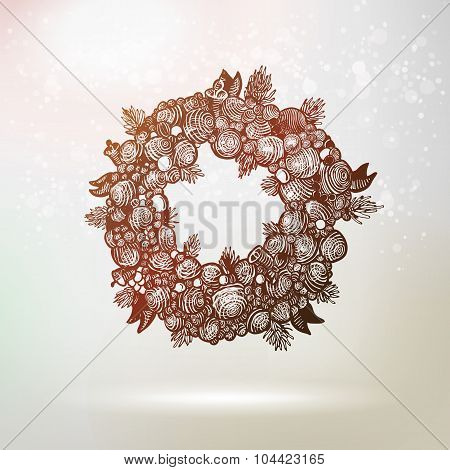 Dark Hand Drawn Gravure Xmas Wreath Illustration