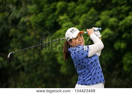 KUALA LUMPUR, MALAYSIA - OCTOBER 10, 2015: South Korea's Inbee Park tees off at the sixth hole of the KL Golf & Country Club on Round 3 day at the 2015 Sime Darby LPGA Malaysia golf tournament.