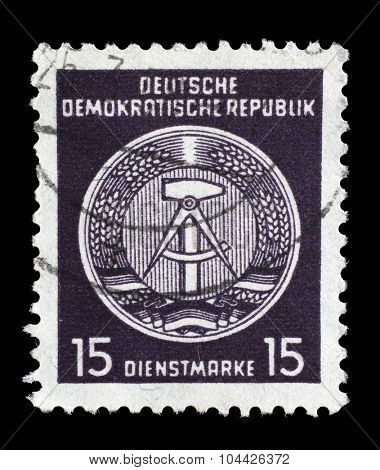 GDR - CIRCA 1952: A Stamp printed in GDR (German Democratic Republic - East Germany) shows DDR national coat of arms with inscription Service Stamp, series GDRs national coat of arms, circa 1952