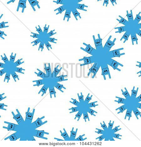 Snowflakes Rock Hand Sign Seamless Patetrn. Rock And Roll Winter Background.