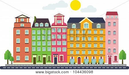 Colorful Flat Residential Houses On White Background