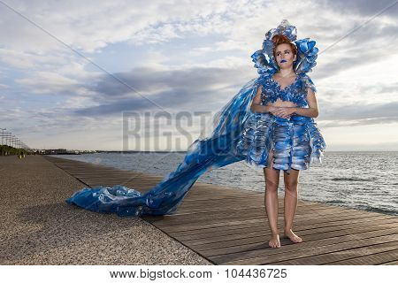 Models Walk An During  Outdoor Fashion Show With Clothing Made Out Of Recycled Materials Was Held In