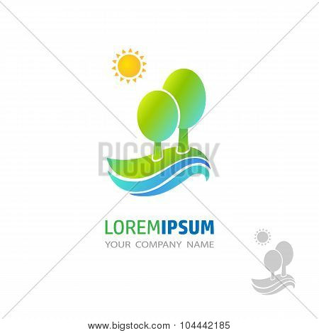 Vector Icon With Green Land, River, Sun And Two Oval Trees.