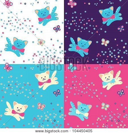 Vector Seamless Pattern. Cats, Flowers And Butterfly.