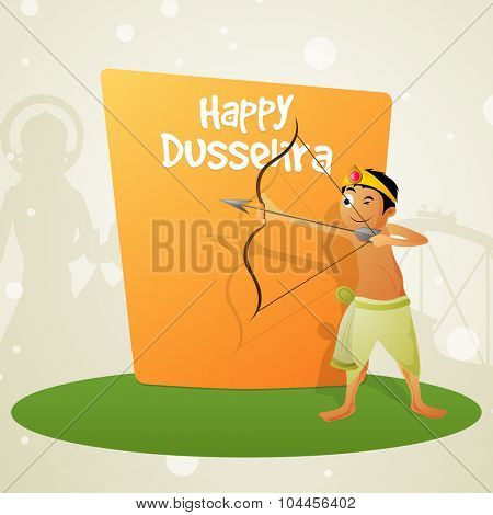 Indian Festival, Happy Dussehra celebration with illustration of cute little boy holding bow and arrow, taking aim towards Ravana for killing.