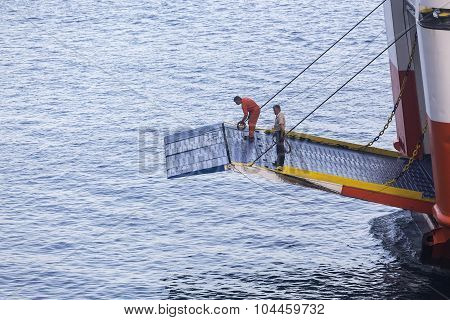 Adamantios Korais Ship Leaves From The Harbor From Naxos, In Greece.
